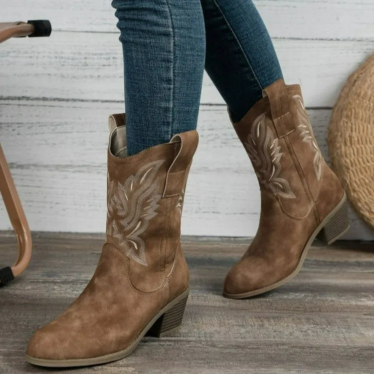 Women’s PU Leather Pointy Mid-Heel Boots
