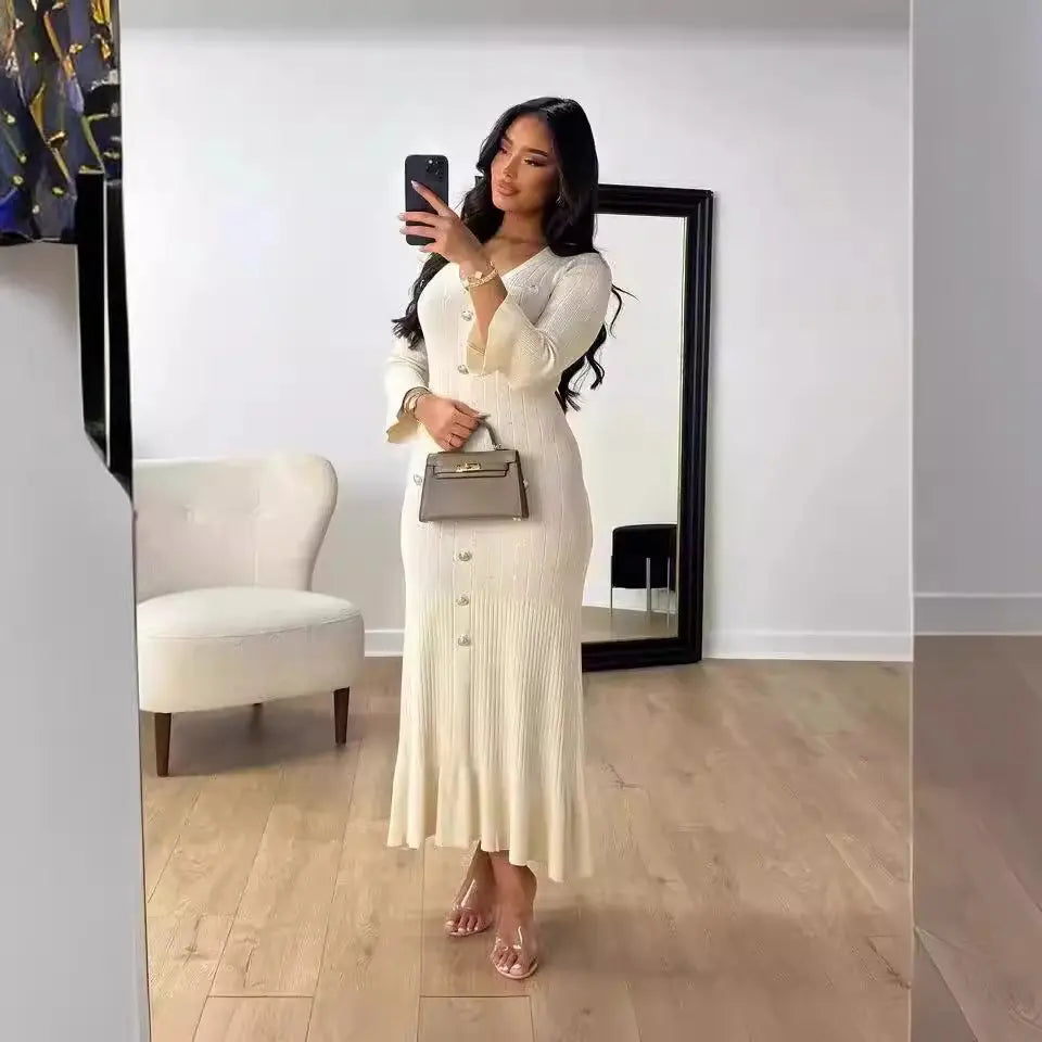 Long Slim V-Neck Pleated Dress