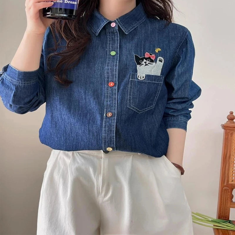 Women’s Fun Cat Embroidery Denim Long Sleeve Shirt
