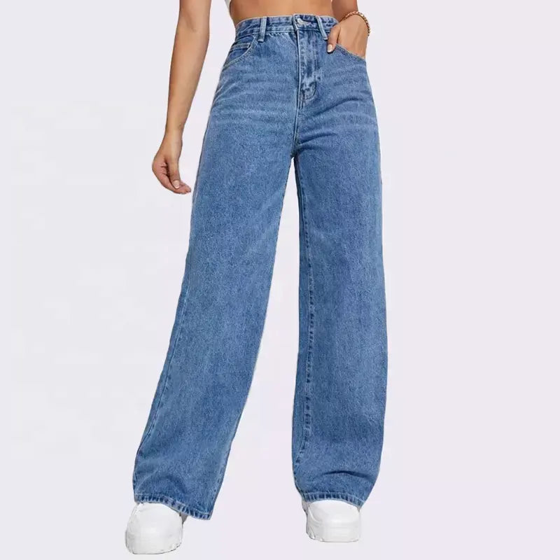 Women's High-Waist Washed Blue Wide-Leg Jeans