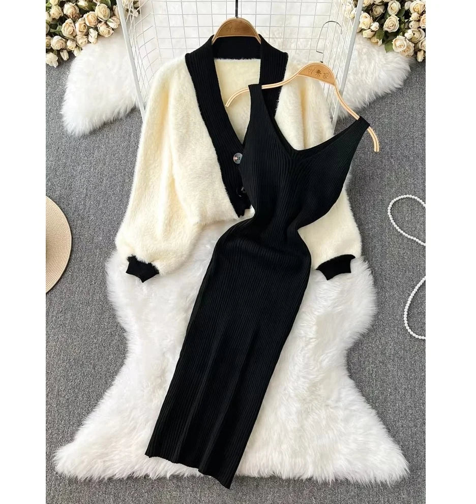 Women’s Elegant V-Neck Knitted Mermaid Dress Set