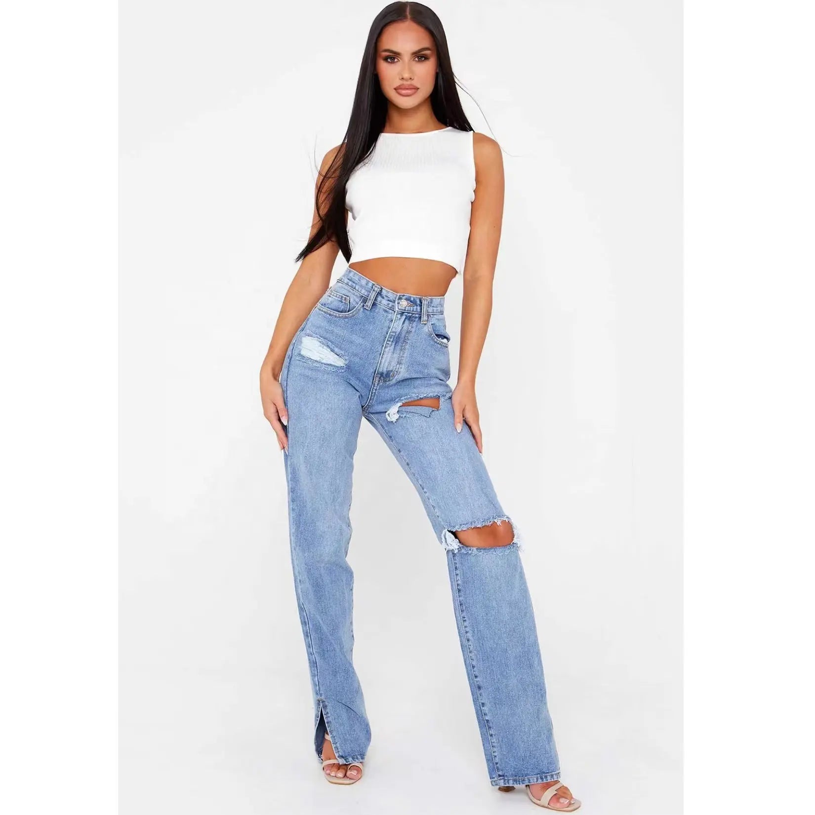 High-Waist Ripped Flare Denim Trousers