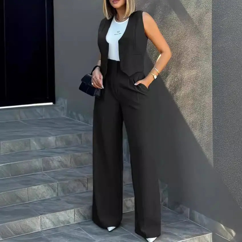 Woman Fashion Vest & Broad-Leg Pants Set