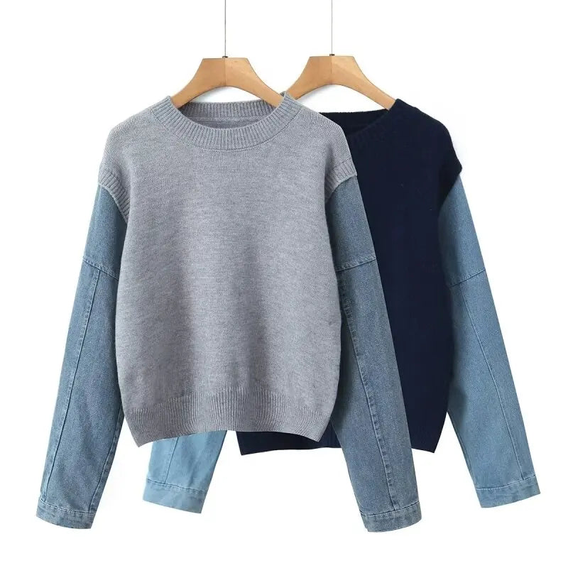 Women’s Denim Sleeve Knitted Pullover Sweater