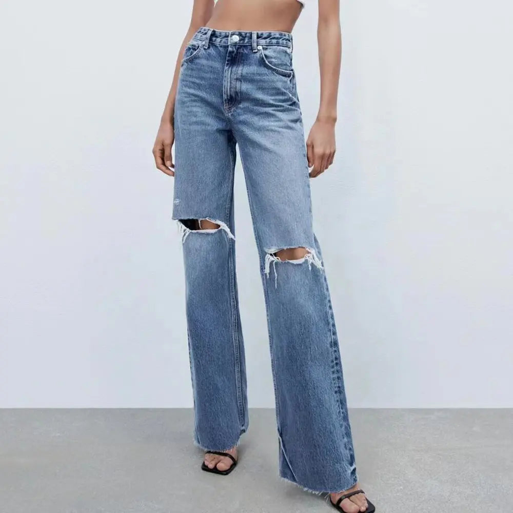 High-Waist Ripped Flare Denim Trousers