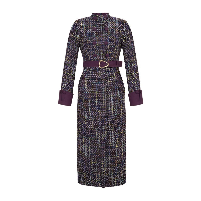 Women’s Elegant Double-Breasted Tweed Midi Dress