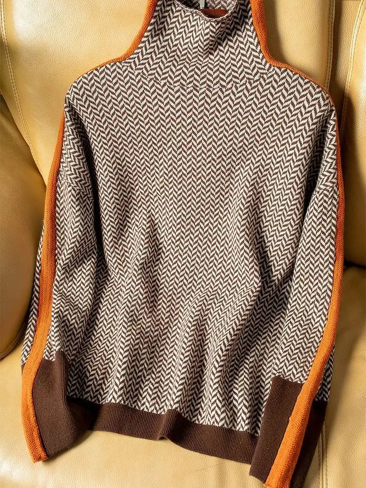 Women’s Loose Fit Color-Block High Neck Knit Sweater
