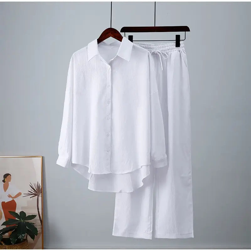 Women's Loose Long-Sleeve Shirt & Wide-Leg Pants Set