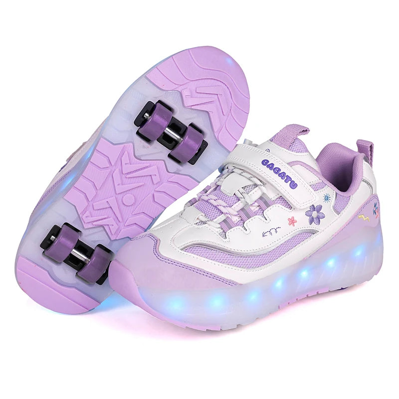 USB Rechargeable LED 4-Wheel Kick Roller Skate Shoes