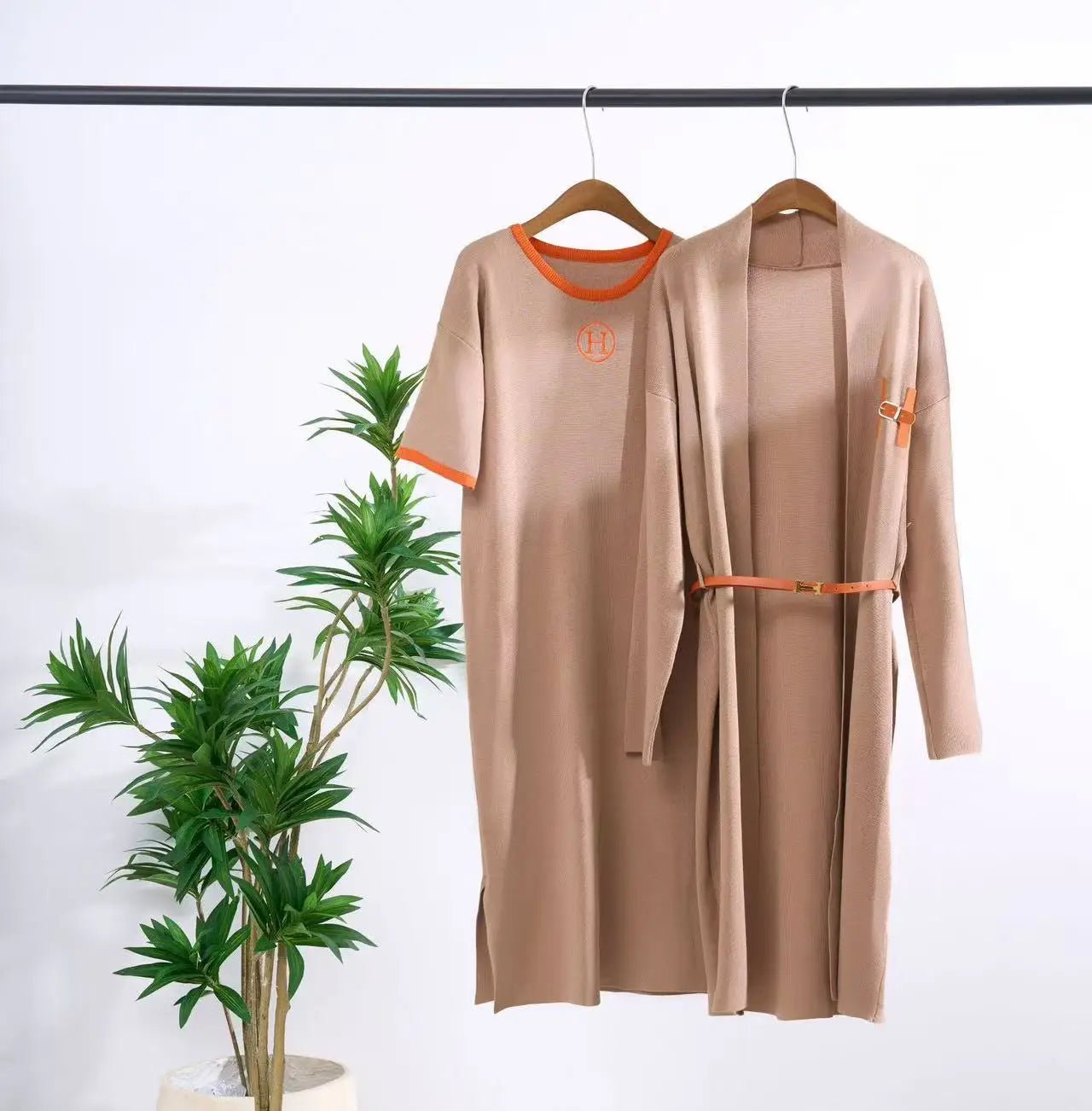 Women’s Knitted Long Cardigan & Belted T-Shirt Dress Set