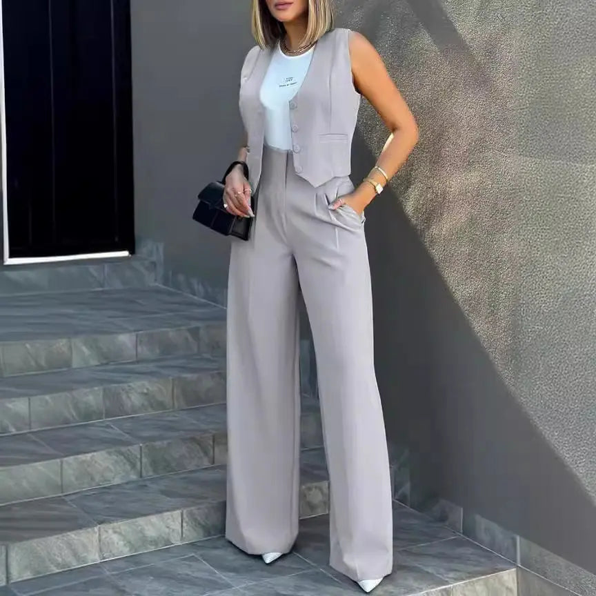 Woman Fashion Vest & Broad-Leg Pants Set
