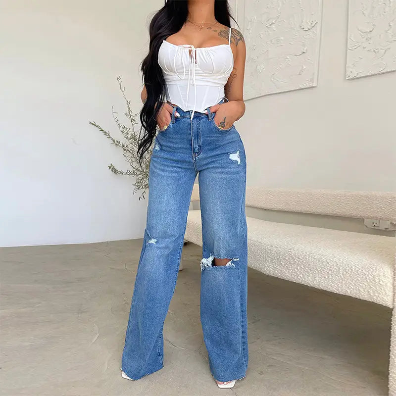 High-Waist Wide-Leg Distressed Denim Pants