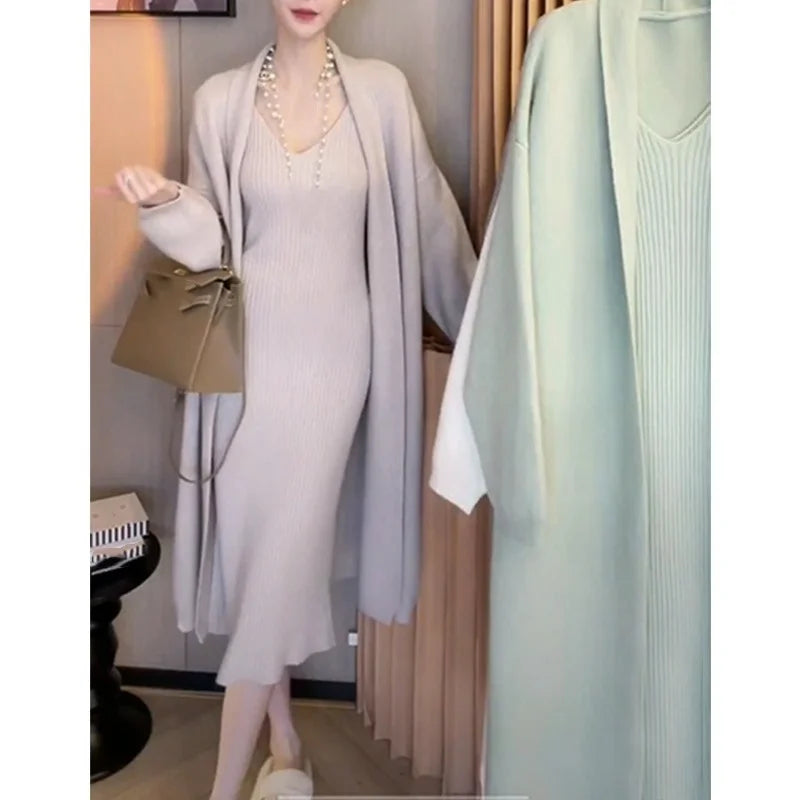 Women’s Elegant Knitted V-Neck Two Piece Dress