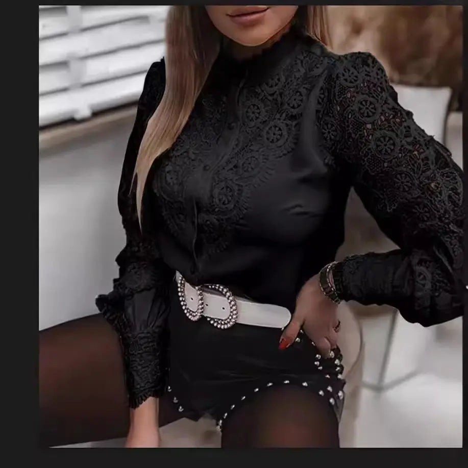 Lace Hollow-Out Mandarin Collar Blouse
