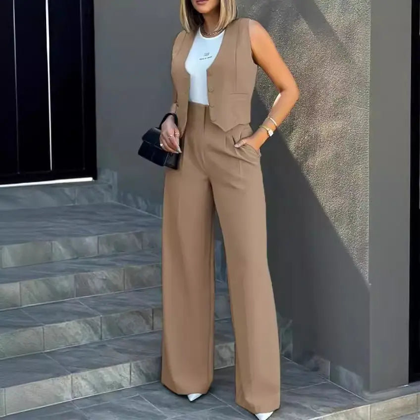 Woman Fashion Vest & Broad-Leg Pants Set