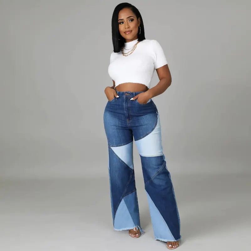Color-Blocking Straight-Leg Denim Pants