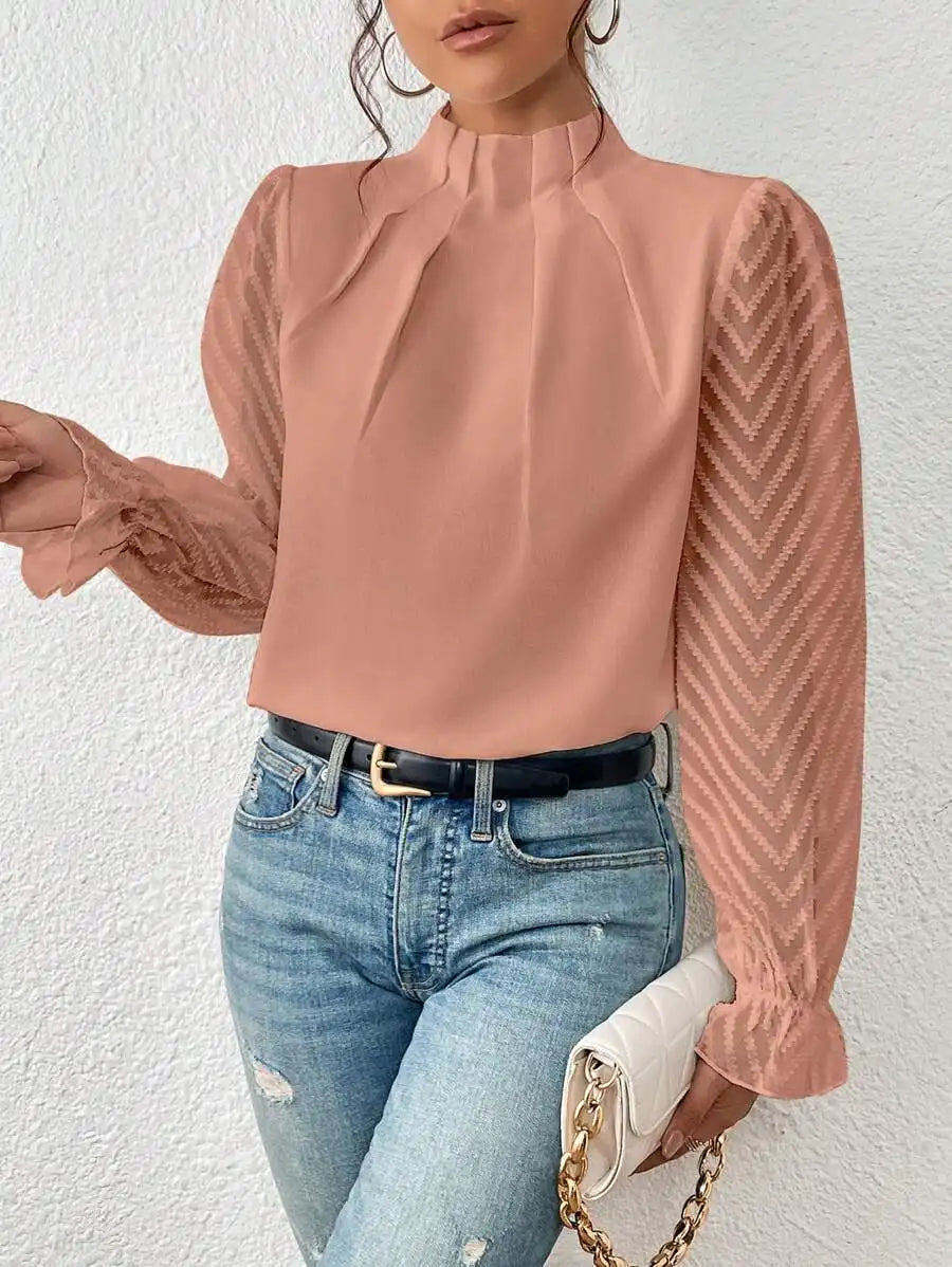 Half-High Neck Wavy Chiffon Blouse