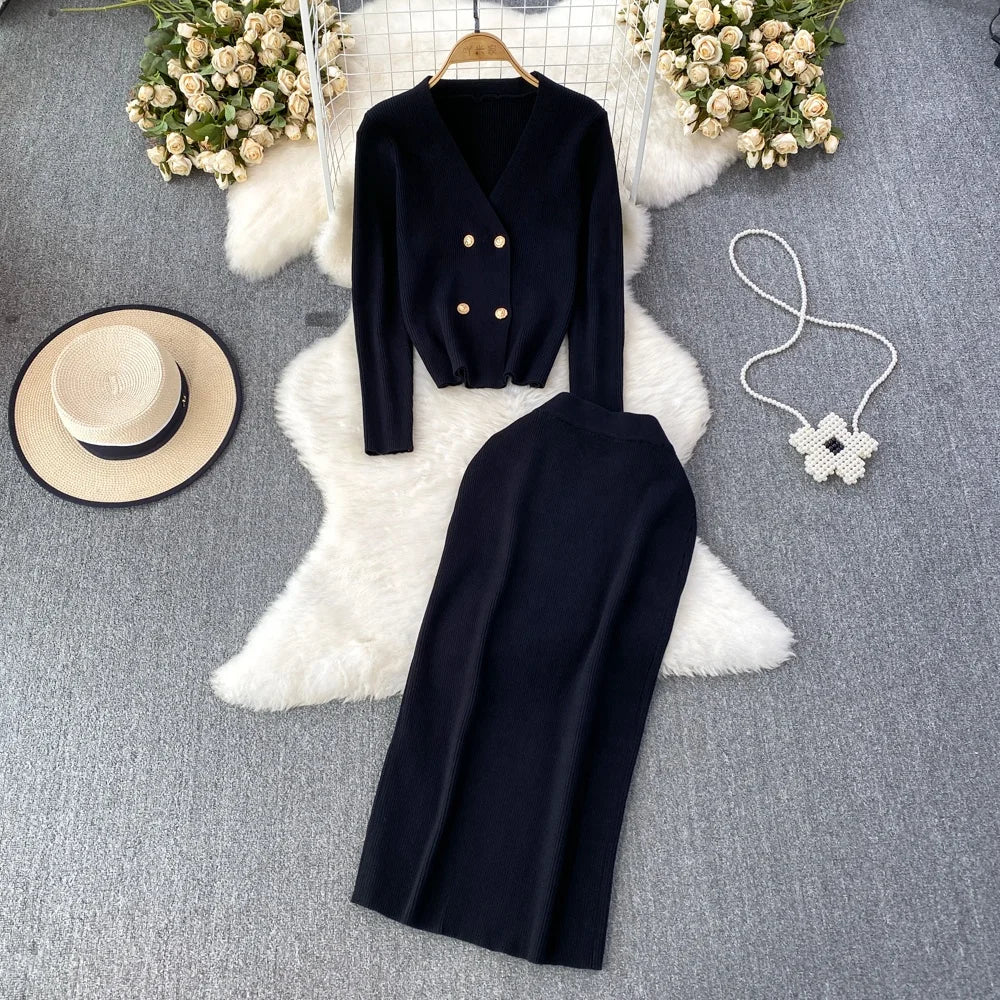Women’s V-Neck Knit Cardigan & High-Waist Skirt Set