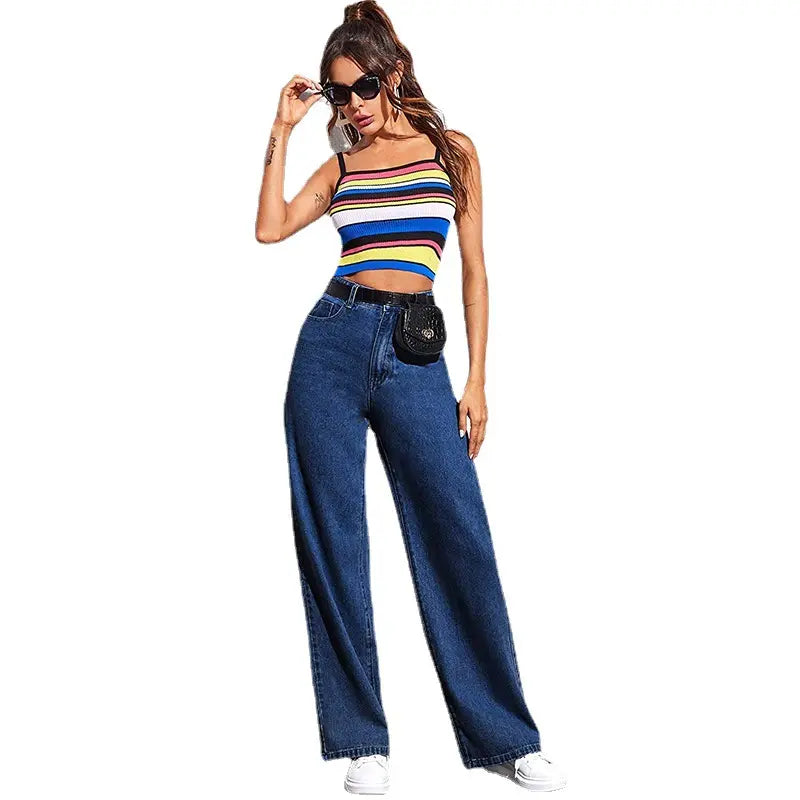 Summer New High-waisted Wide-leg Jeans Slimming Drag Straight Leg With Retro American Draped Women's Pants