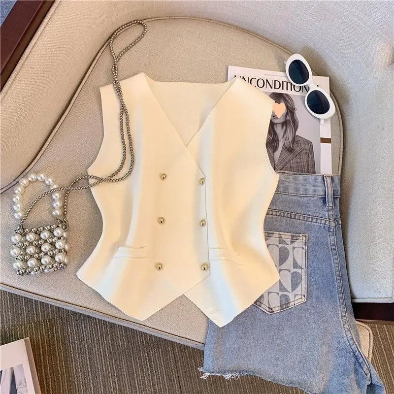 Button Sleeveless Tops V-neck Going Out Tops Knitted Cropped tank