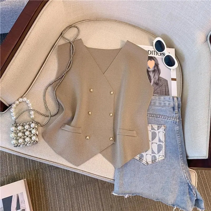 Button Sleeveless Tops V-neck Going Out Tops Knitted Cropped tank