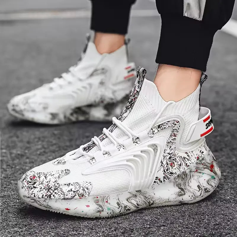 Fashiontrend Men Walking Shoes High Top Lace-up Casual Men Sneakers Antislip Light-weight