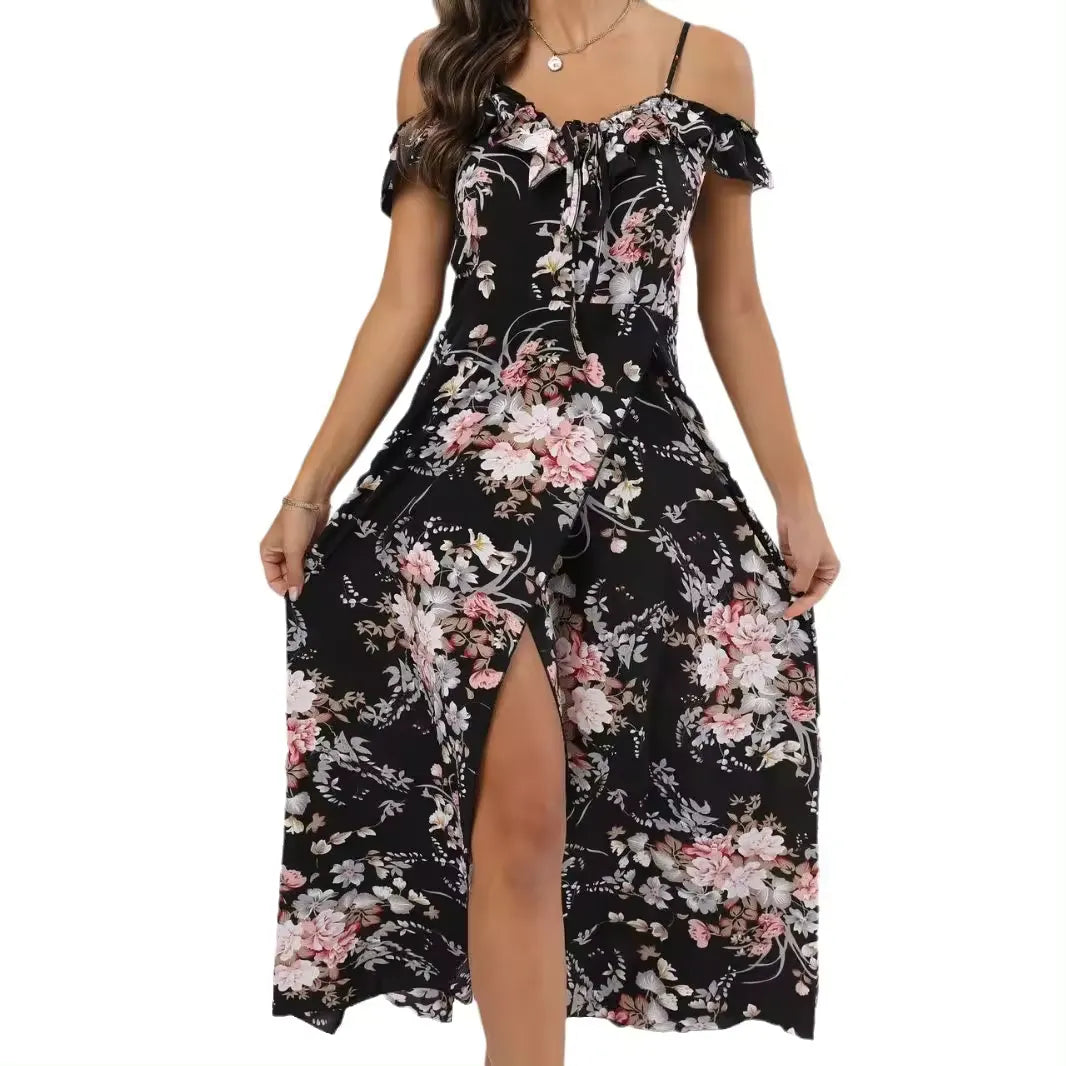 Summer Fashion Travel Beach Casual elegant floral print halter with split dress for women
