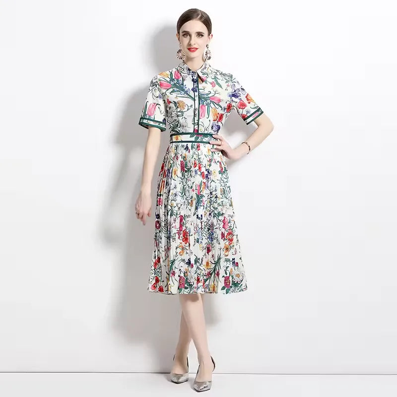 Elegant Floral Print Pleated Midi Dress
