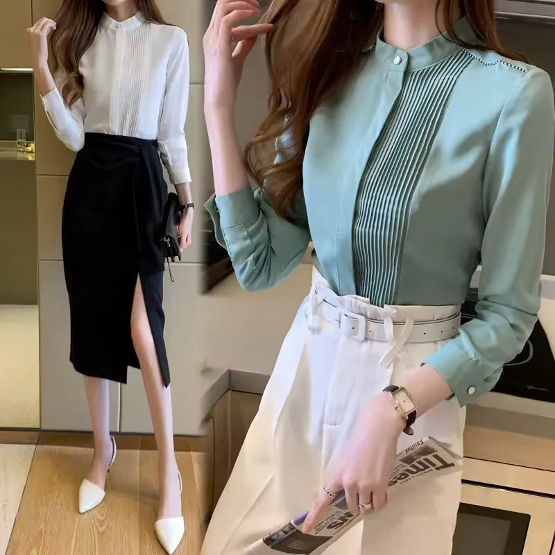 Spring Korean Style Shirt Womens Design Fashion Style Long-sleeved Temperament Stand-up Collar Shirt Summer Casual Polyester