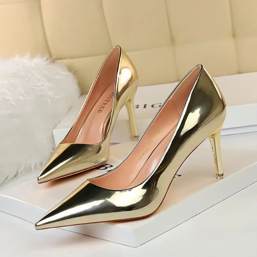 New Women Western Style Fashion Metal Sexy Club High Heels Slippers Simple Shallow Pointed Mouth Thin High Heel Sandals