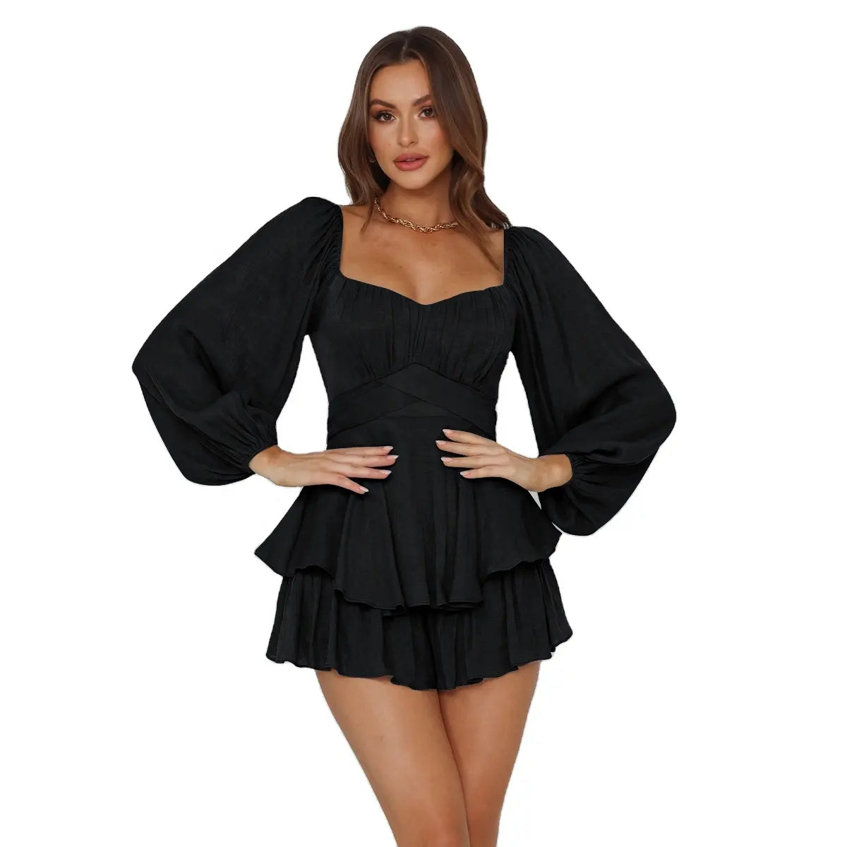 Square Collar Long Sleeves Ruffle Hem Ladies Shorts Skirt Casual Elegant Rompers Women Jumpsuit