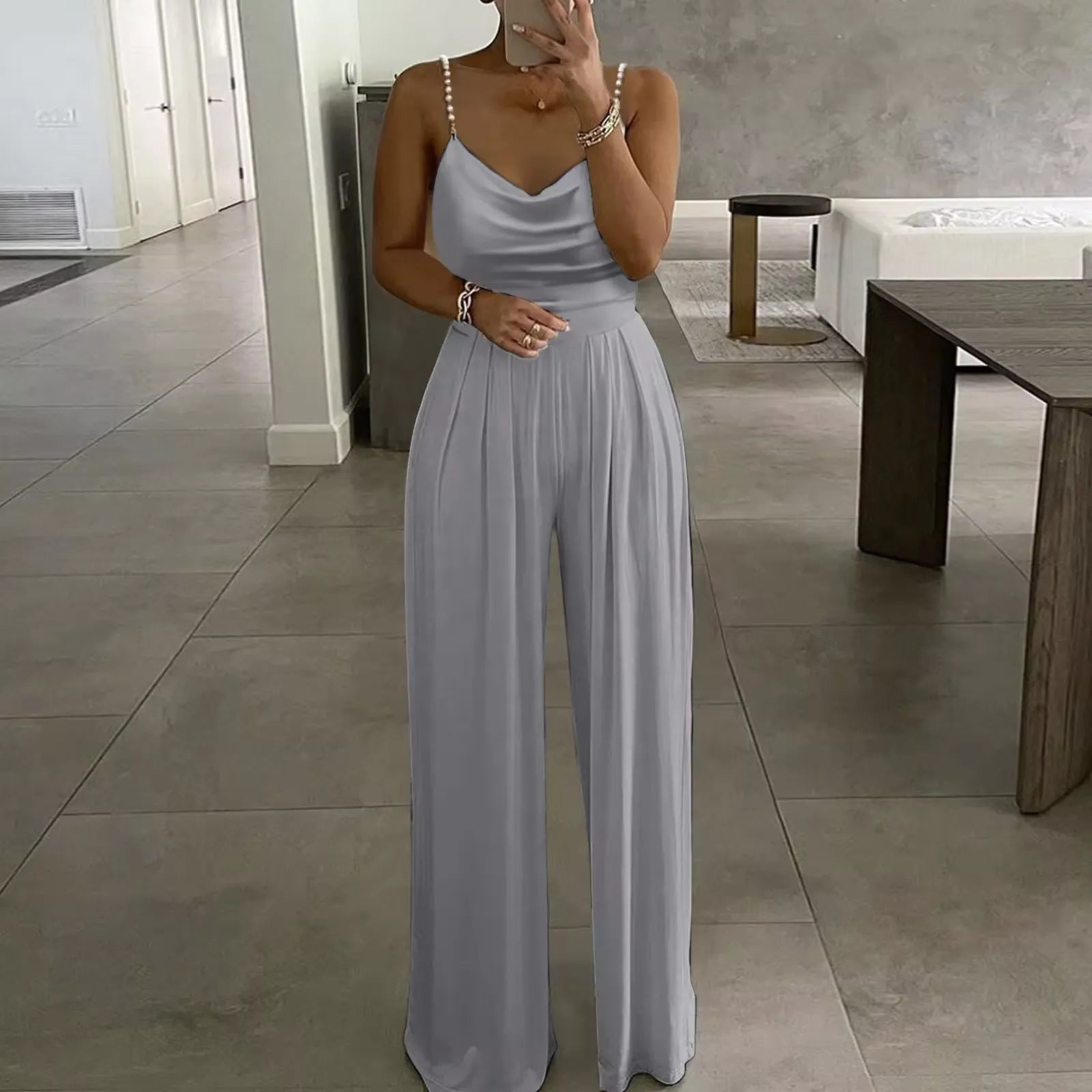 Sleeveless Top Wide Leg Jumpsuit With Pearl Halter