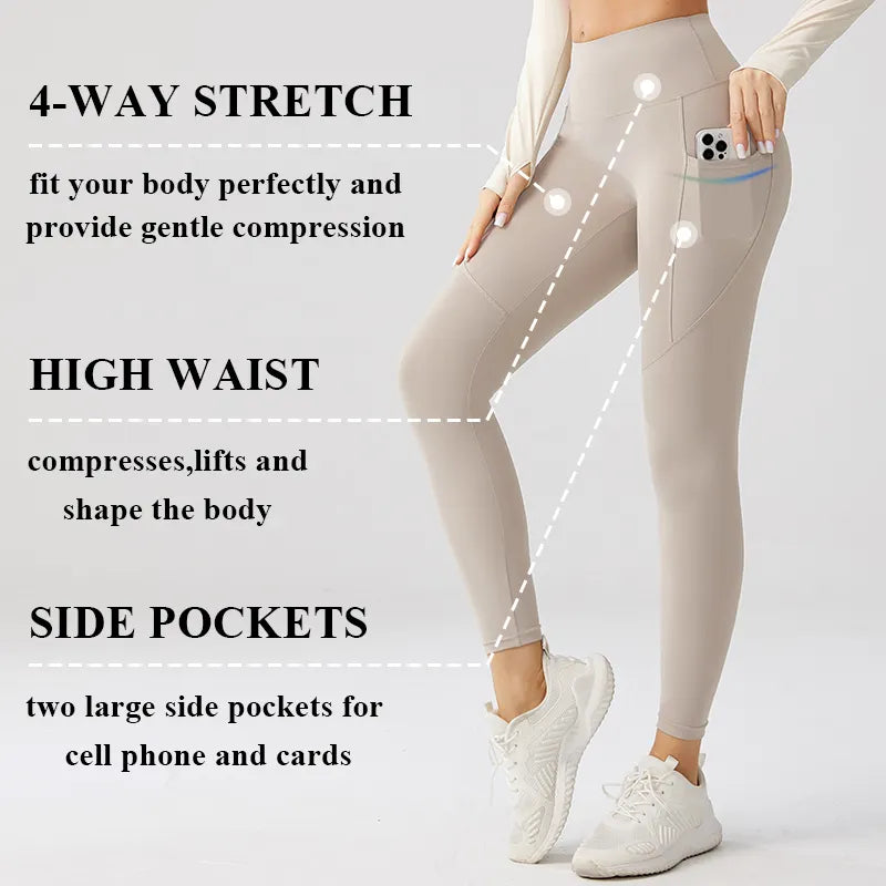 High Waist Tummy Control Breathable Exercise Leggings Fitness Buttery Soft Fabric Leggings With Pockets Size