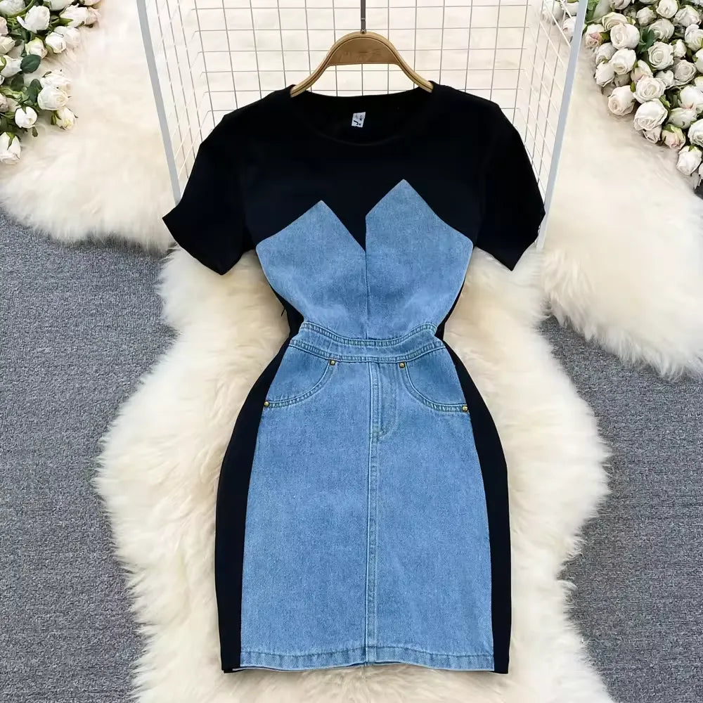 Contrast Color Denim High-Waist Midi Dress