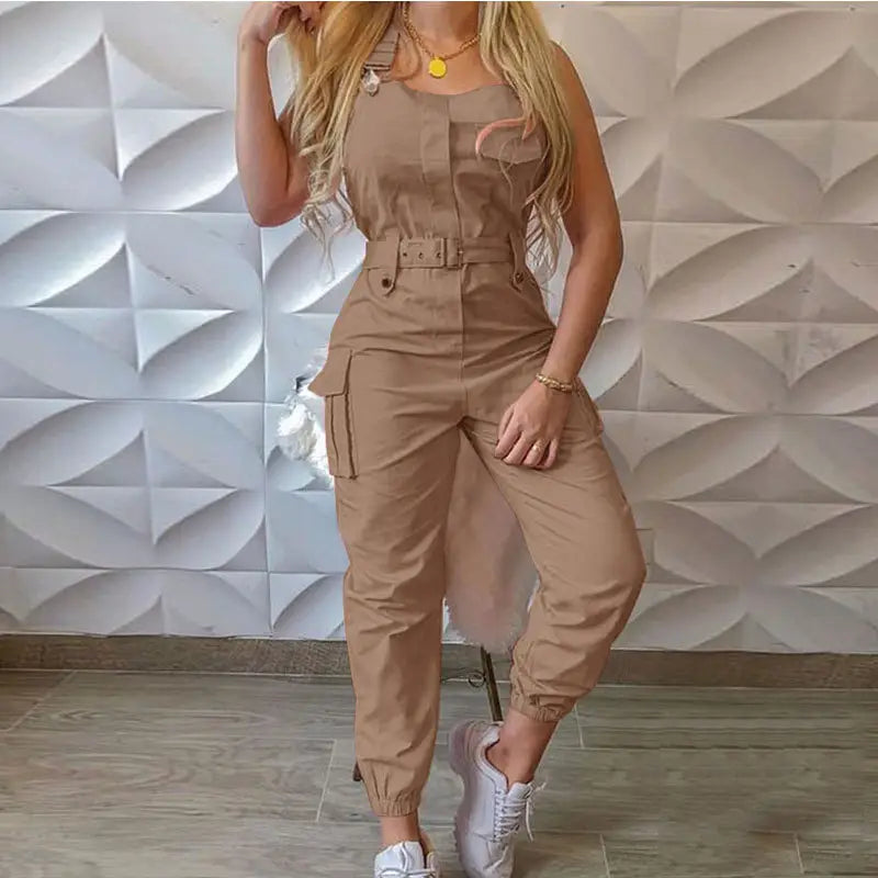 Versatile Women's Workwear Pocket Jumpsuit Sleeveless Shoulder Strap Pants Set With Minimalist Leggings and Waistband