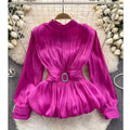 Retro Women's Design Sense Of Shirt Women Fold Waist Slimming Lotus Leaf Swing Advanced Sense Of Spring Top