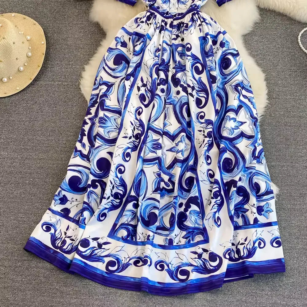 Runway Mayorika Porcelain Flower Print Long Dress Women Short Sleeve O Neck Vintage Beach Party Vestido