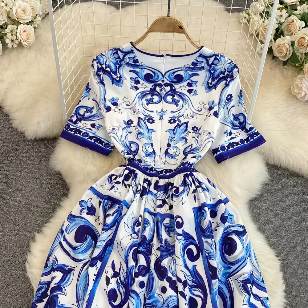 Runway Mayorika Porcelain Flower Print Long Dress Women Short Sleeve O Neck Vintage Beach Party Vestido