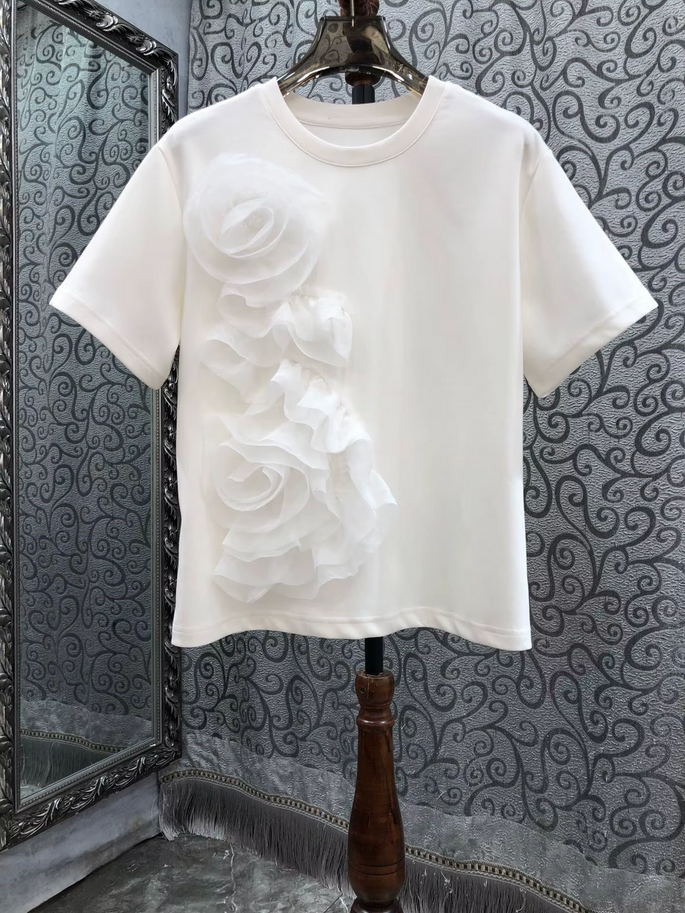 3D Floral Short-Sleeved Cotton Tee