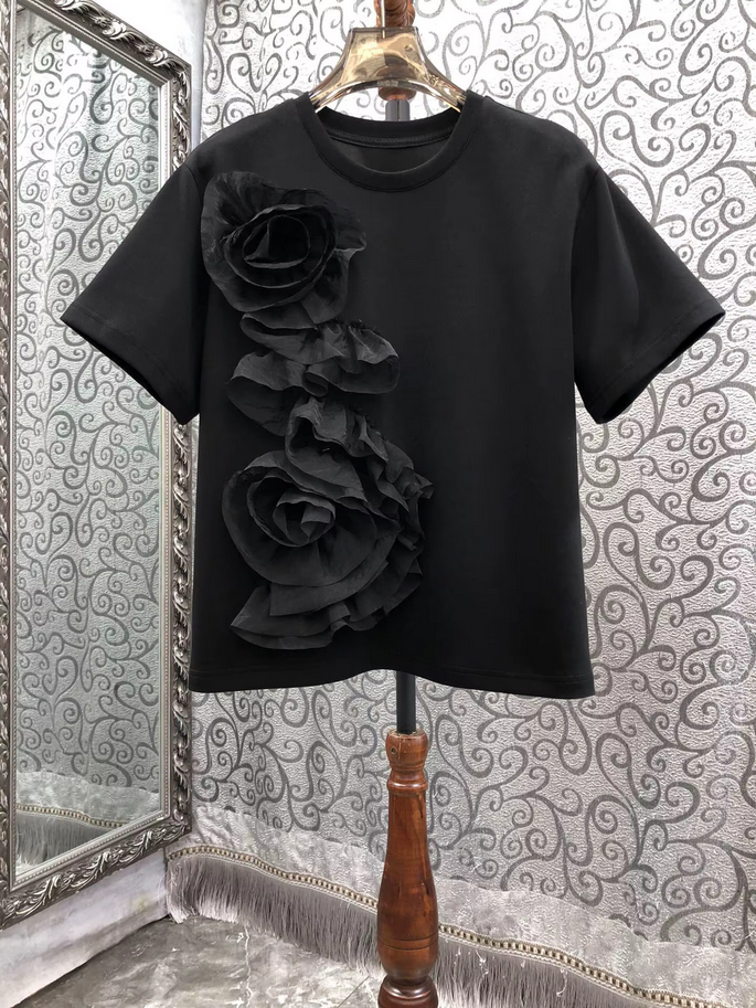 3D Floral Short-Sleeved Cotton Tee