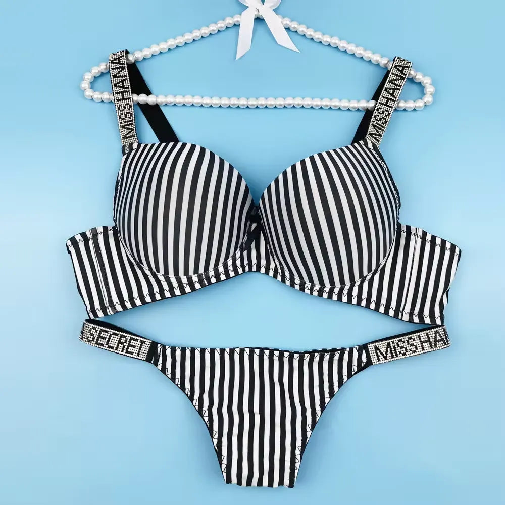 Sexy push up underwear rhinestone shoulder strap steel ring bra gathered big chest set panty