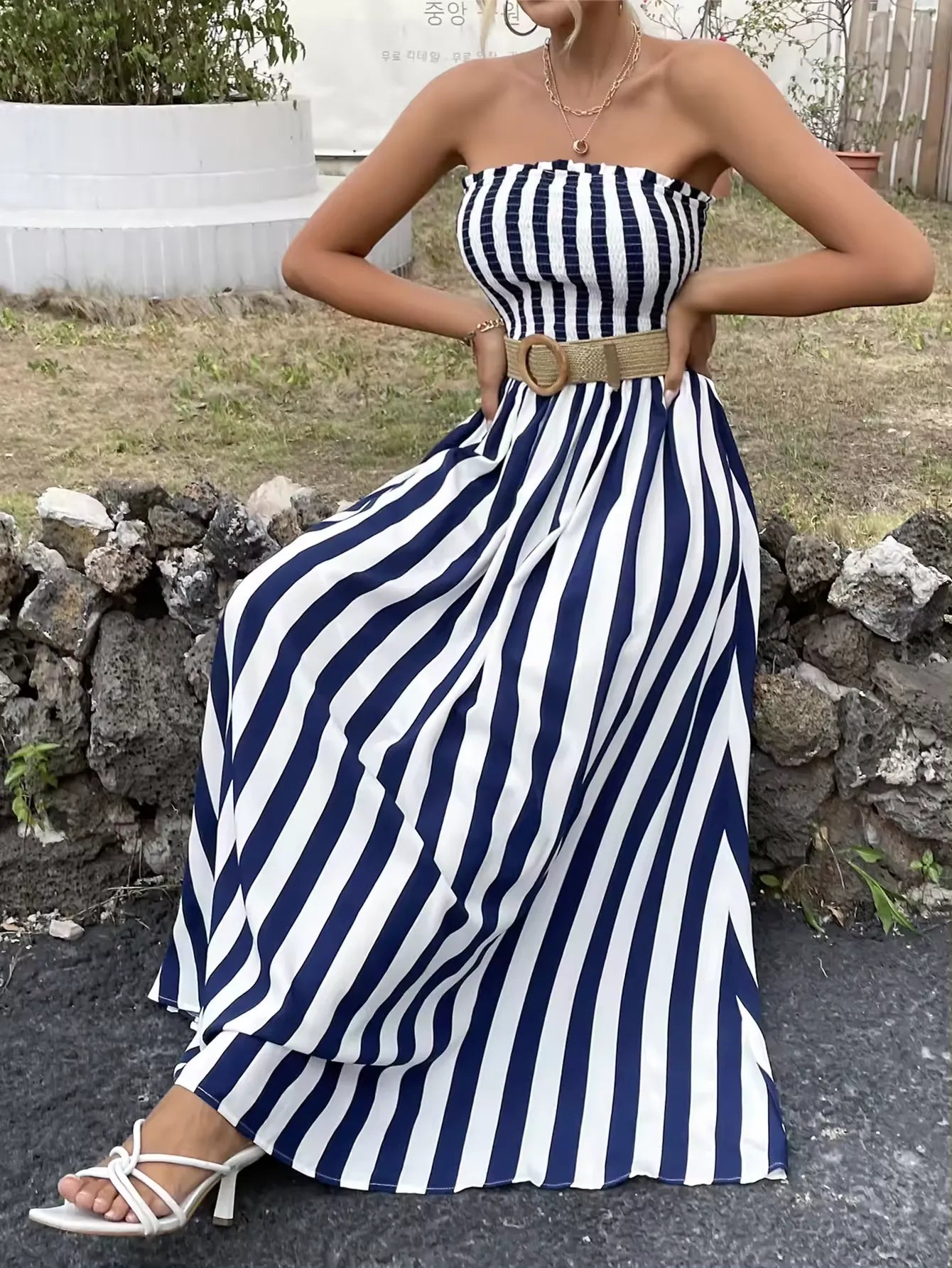 Women Clothing Lady Elegant Blue White Draped Striped Sleeveless long Summer Casual Dress