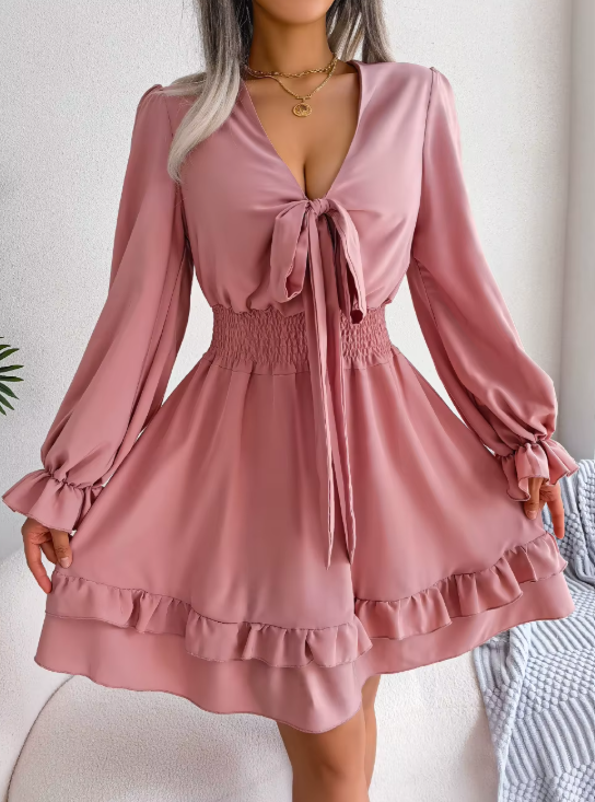 Popular Spring Summer European and American Casual Waistband Agaric Hem Large Swing Dress