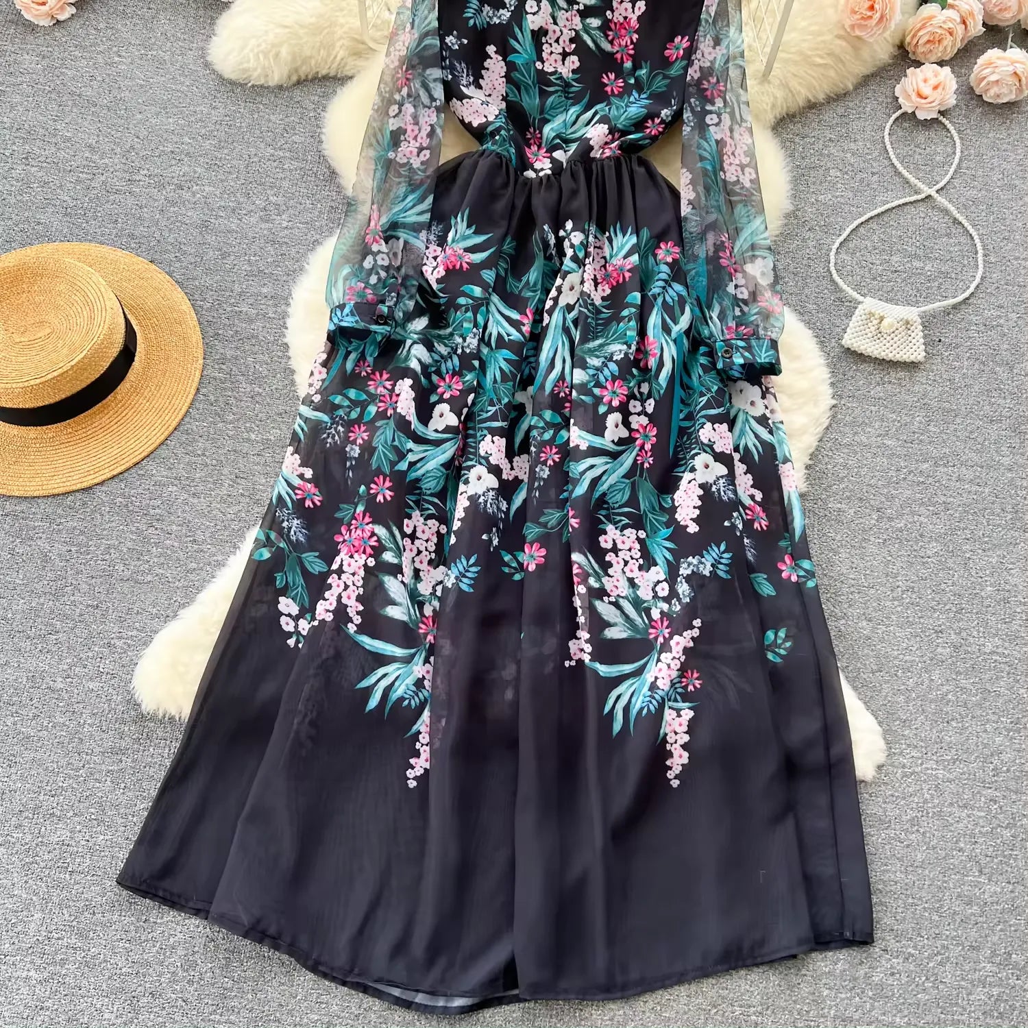 new elegant heavy industry embroidery mesh stitching maxi dress