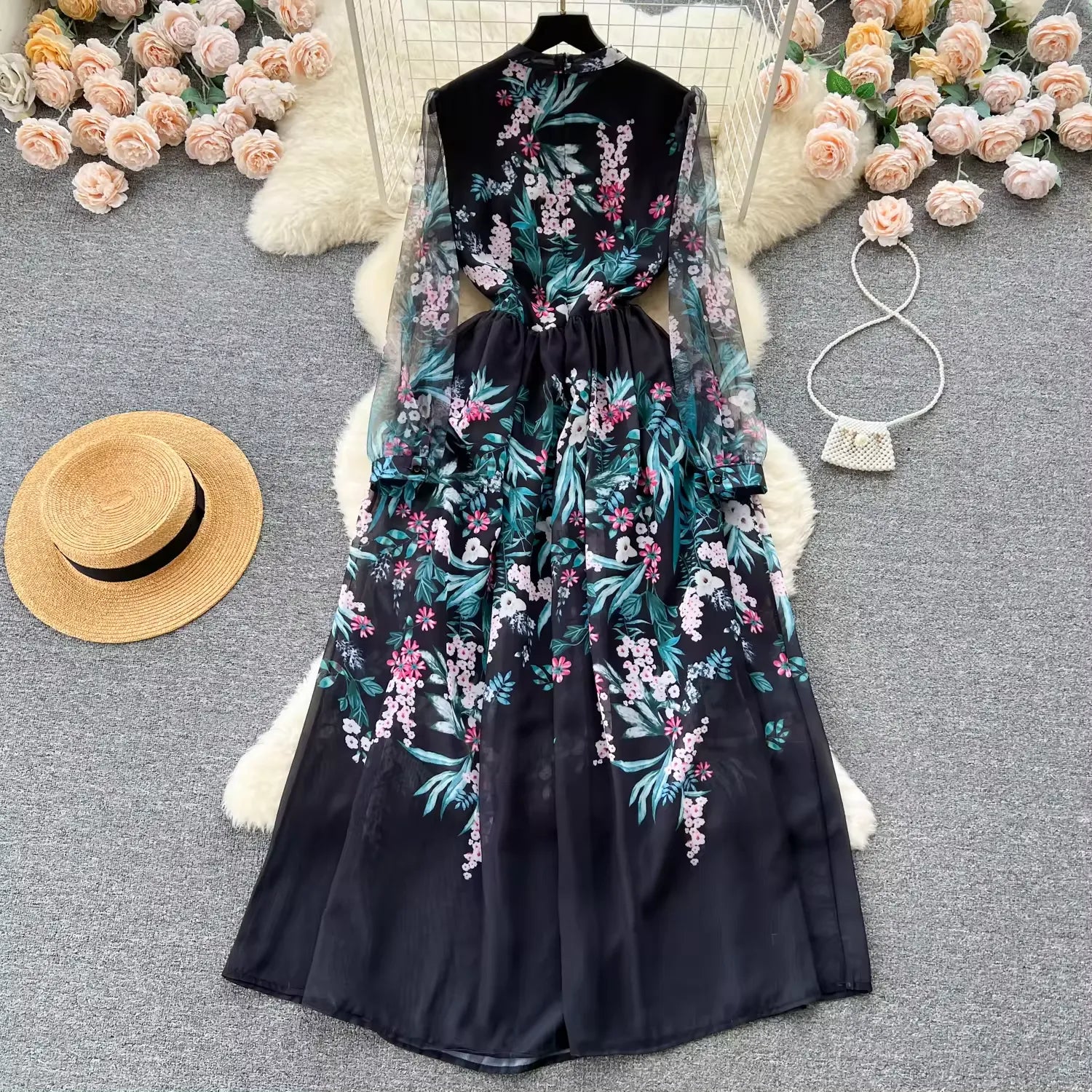 new elegant heavy industry embroidery mesh stitching maxi dress