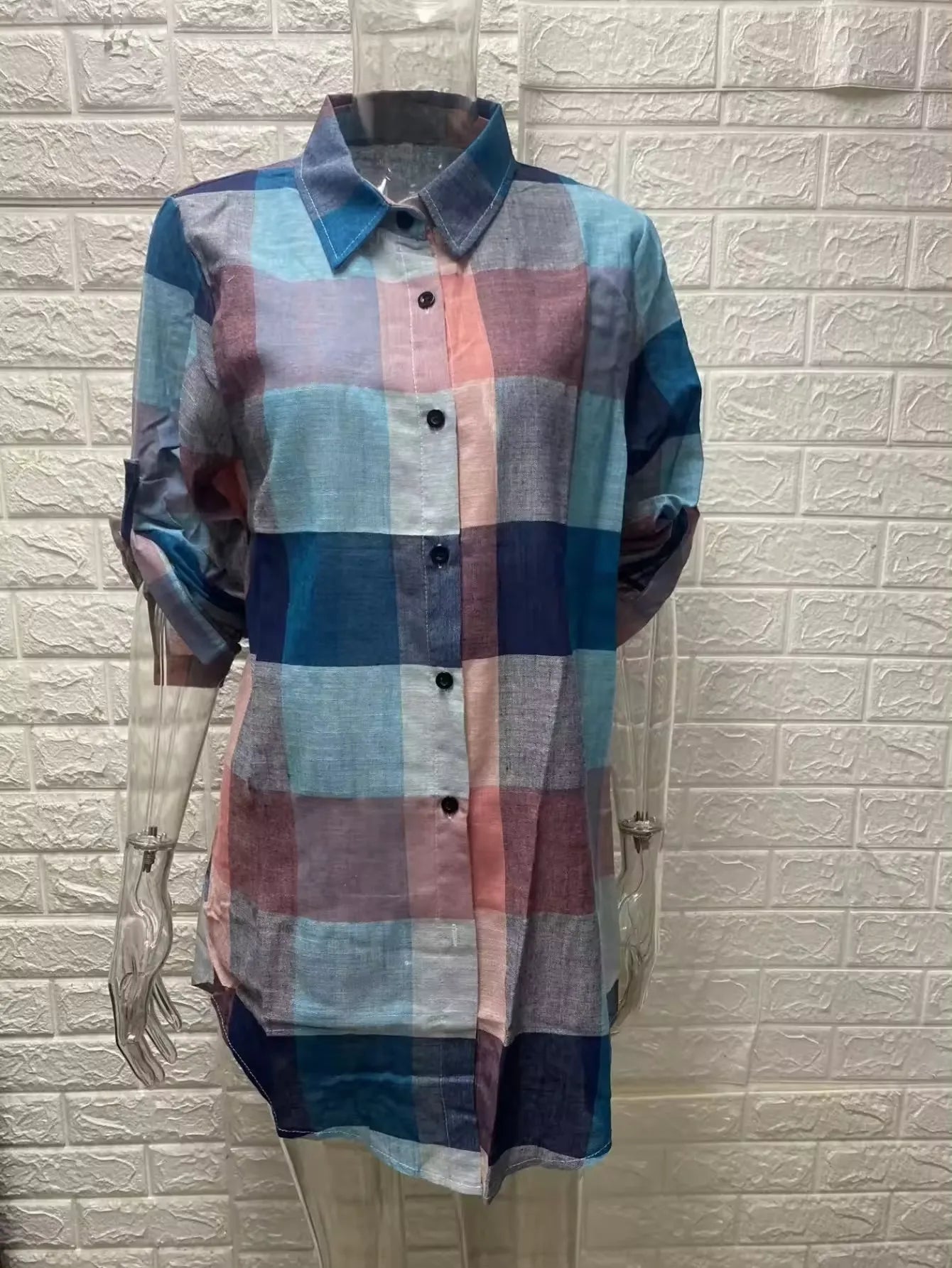 Women's Shirt Long Large Size Women's Loose Fashion Plaid Casual Top