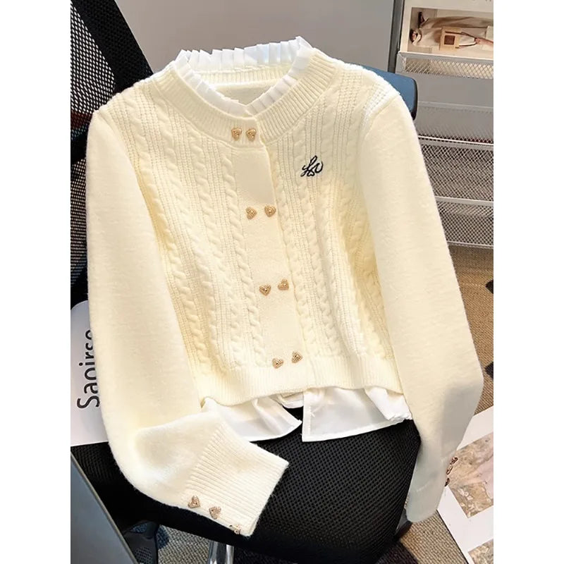 Women Fashion Stand up Collar Fake Two-piece Long Sleeved Knitted Cardigan