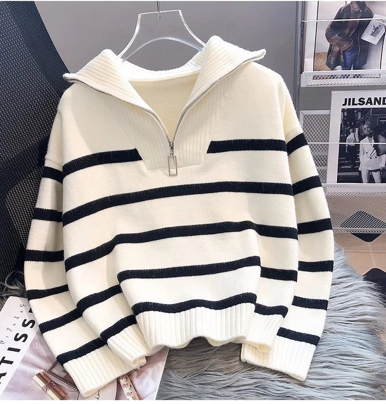 Women New Zipper Stripe Sweater Pullover
