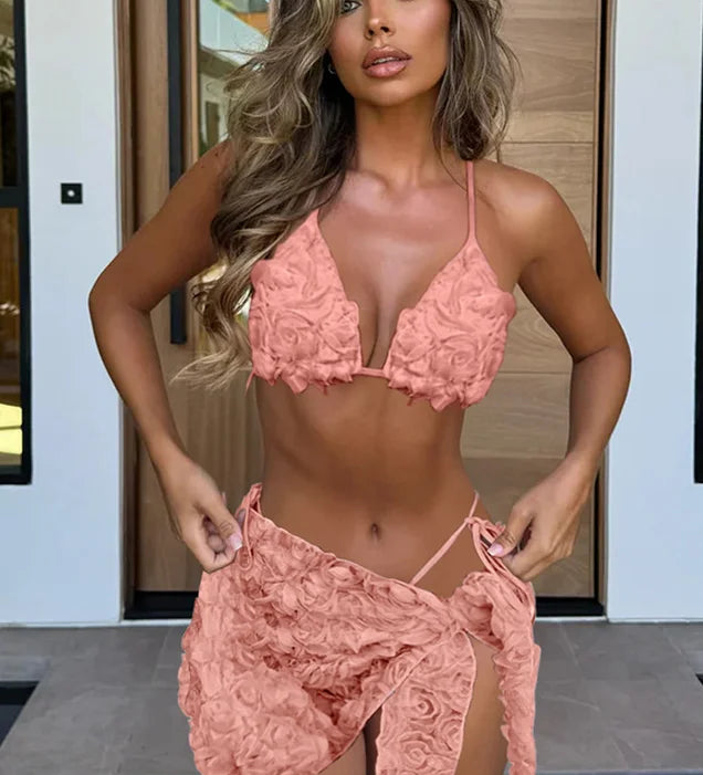 3-Piece 3D Flower Triangle Bikini Set with Tummy Control