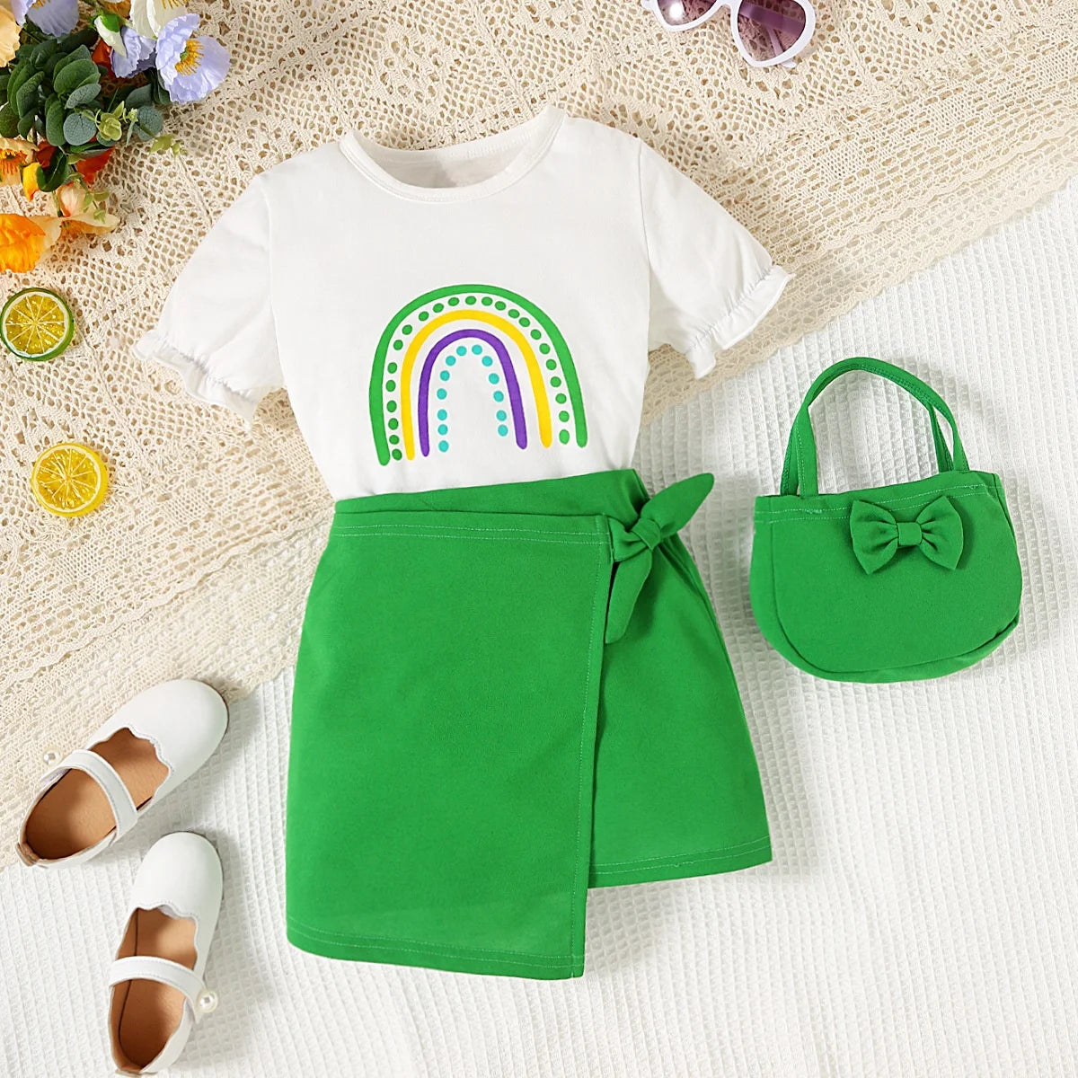 Summer Rainbow Print Top & Irregular Skirt Set for Girls
